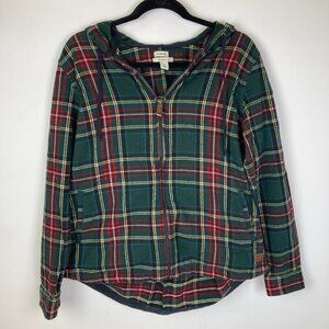 LL Bean Hooded Cotton Flannel Size Womens Large Full Zip Red Green Relaxed Fit